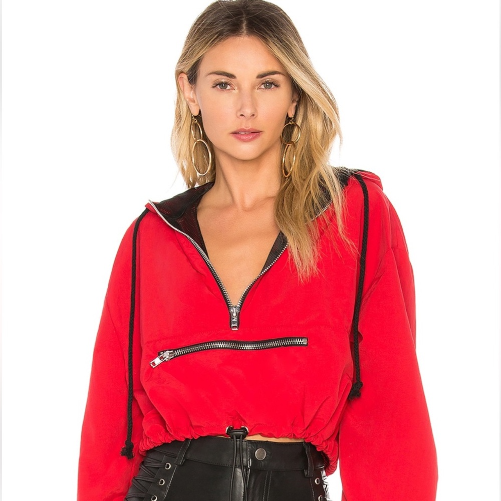 GUIZIO x Revolve Red Zipper Pocket Half Zip Nylon Hoodie L